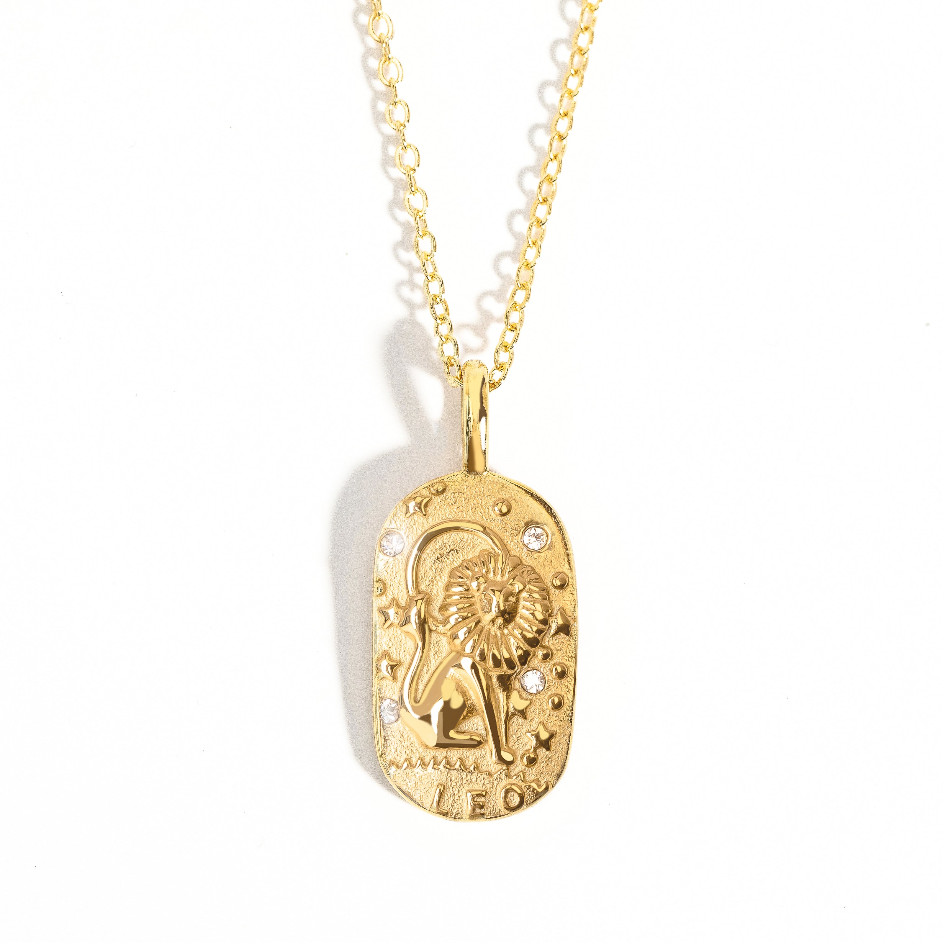 A gold-colored zodiac medallion necklace with a chain.