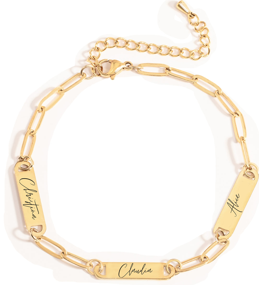 A gold-colored custom paper clip bracelet with a chain link design and personalized engraving on the chain.