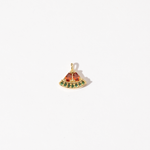 A gold plated personalized stainless steel charm in the shape of a watermelon slice, adorned with red and green zirconia stones.