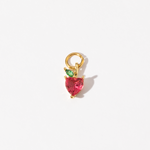 A gold plated personalized strawberry stainless steel charm featuring a heart-shaped red zirconia stone with a green marquise leaf accent.