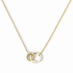 A gold-colored necklace with two interlocking rings on a white background.