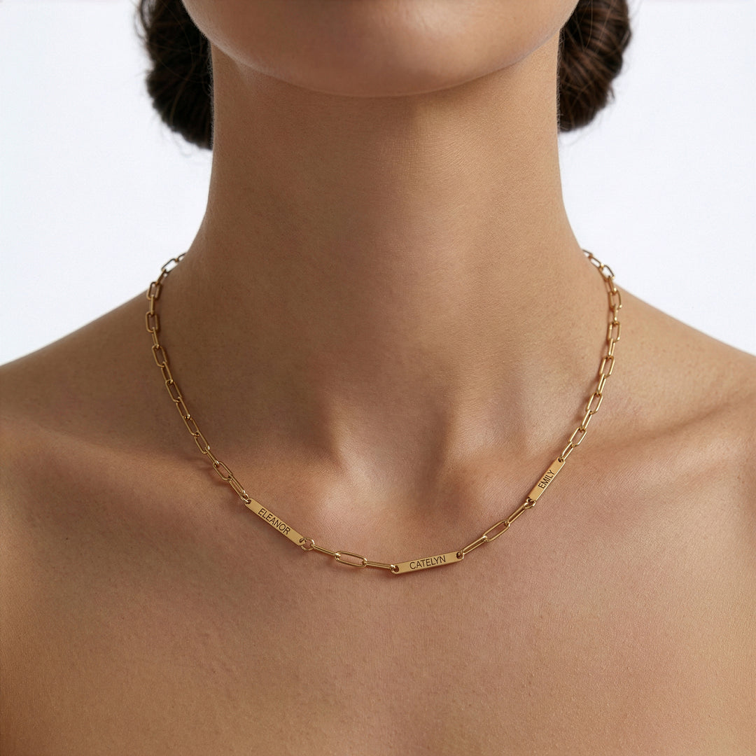 Gold chain necklace on a model against a white background